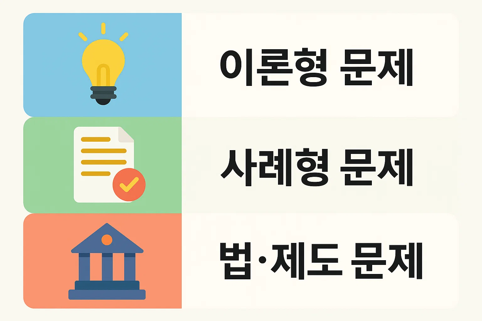 사회복지사 1급 기출문제 해설 과정에서 이론형 문제, 사례형 문제, 법&middot;제도 문제를 어떤 순서로 접근해야 점수 손실을 줄일 수 있는지 설명한 이미지입니다