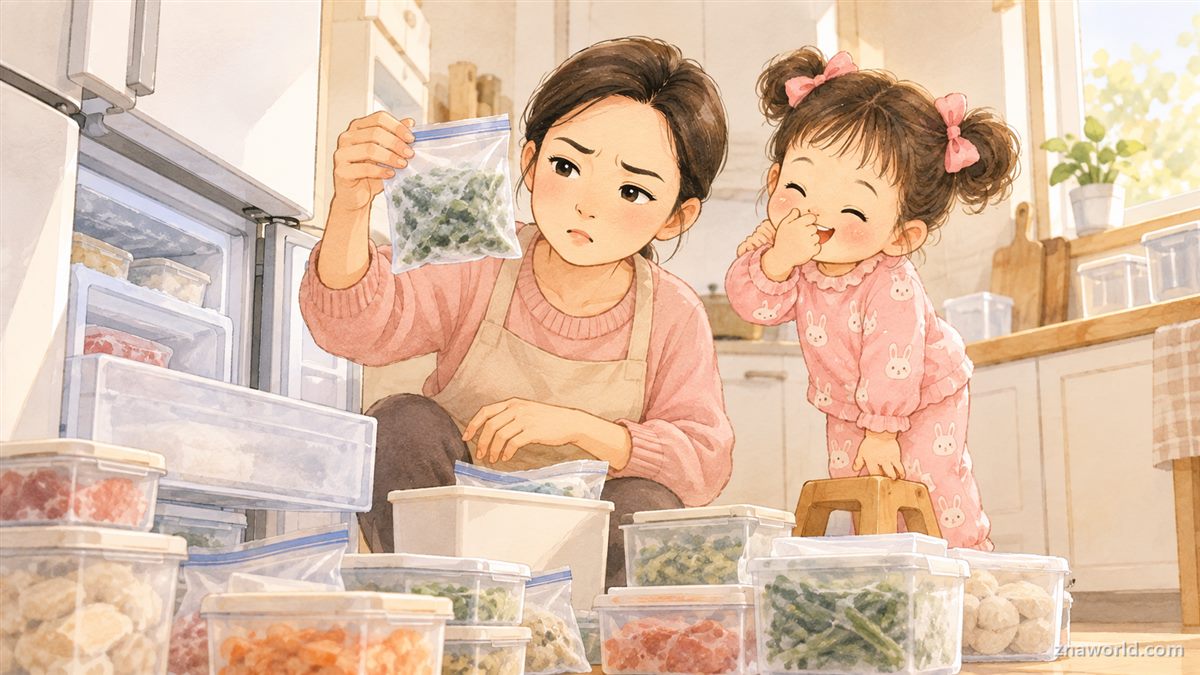 냉동실에서 작년 나물을 발견하고 냉장고 정리를 시작하는 엄마와 아이