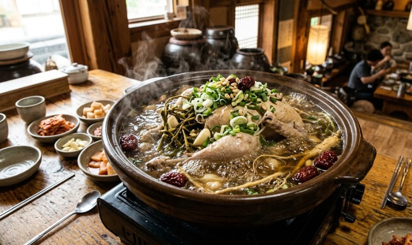 토속적인 분위기의 식당에서 커다란 뚝배기에 겨우살이 약재 육수를 넣어 푹 고아낸 닭백숙이 보글보글 끓고 있으며 파와 대추가 고명으로 올라간 먹음직스러운 음식