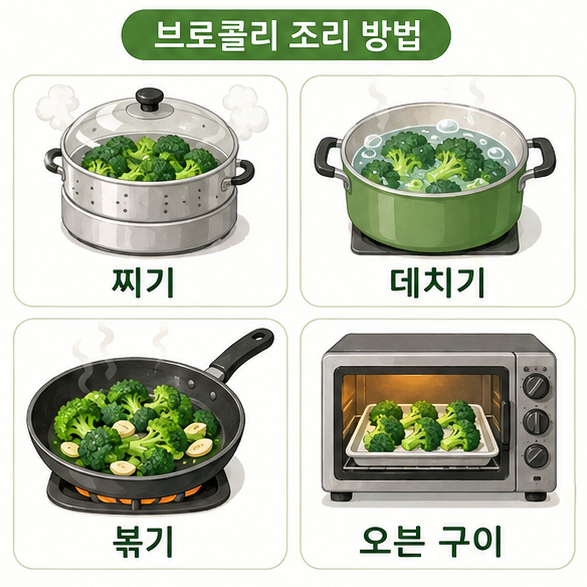 브로콜리를 찌기, 데치기, 볶기, 오븐 구이로 조리하는 네 가지 방법을 비교한 이미지
