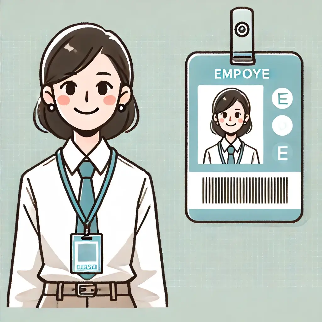 사원증을 목에 걸고 웃고 있는 모습.