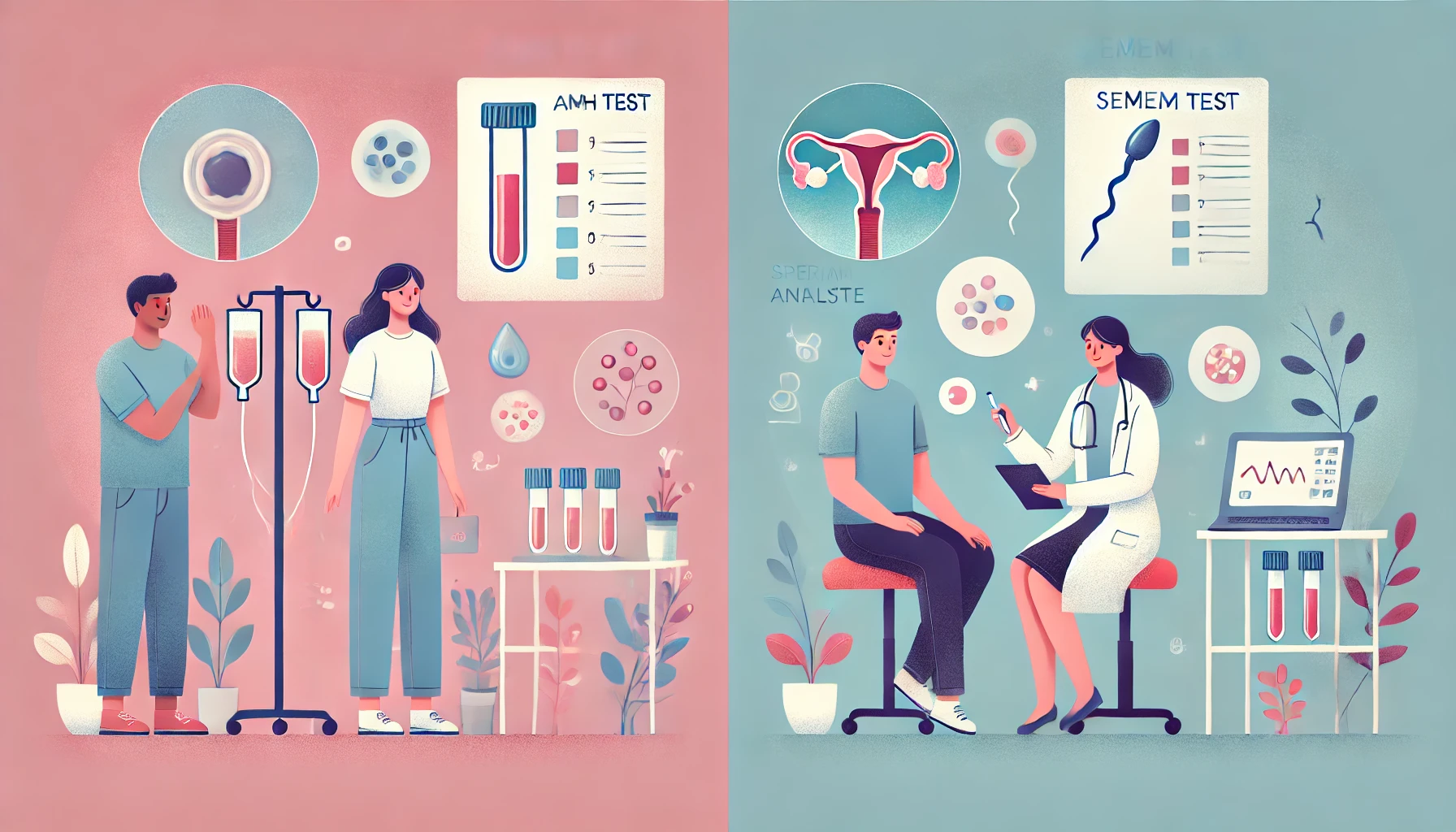 여성의 AMH 검사와 남성의 정액 검사를 설명하는 임신 전 건강검진 일러스트