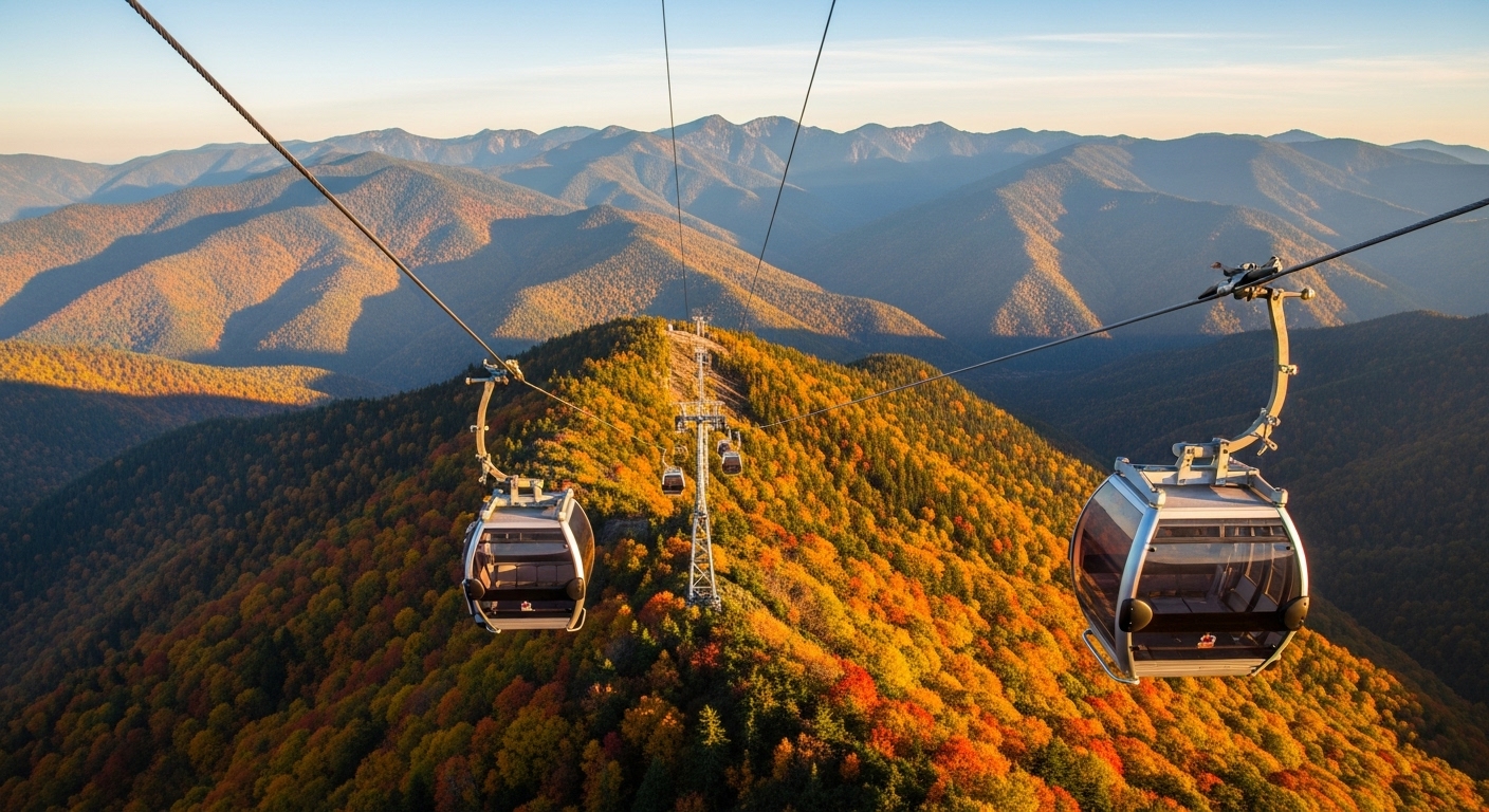 끝없이 이어진 발왕산 케이블카가 오색 단풍으로 물든 산봉우리 위로 힘차게 오르고 있다. 압도적인 스케일의 가을 산 풍경.