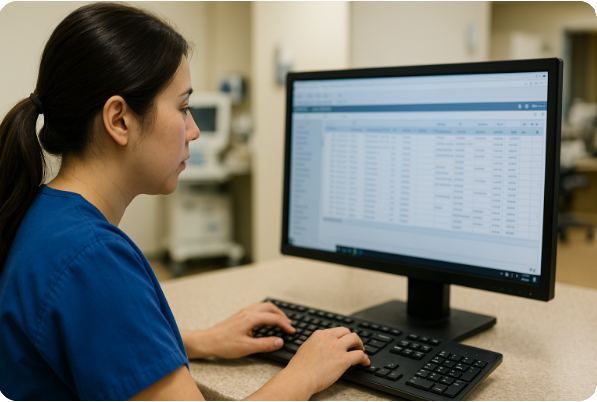 간호사가 모니터 보며 간호 기록 중인 모습