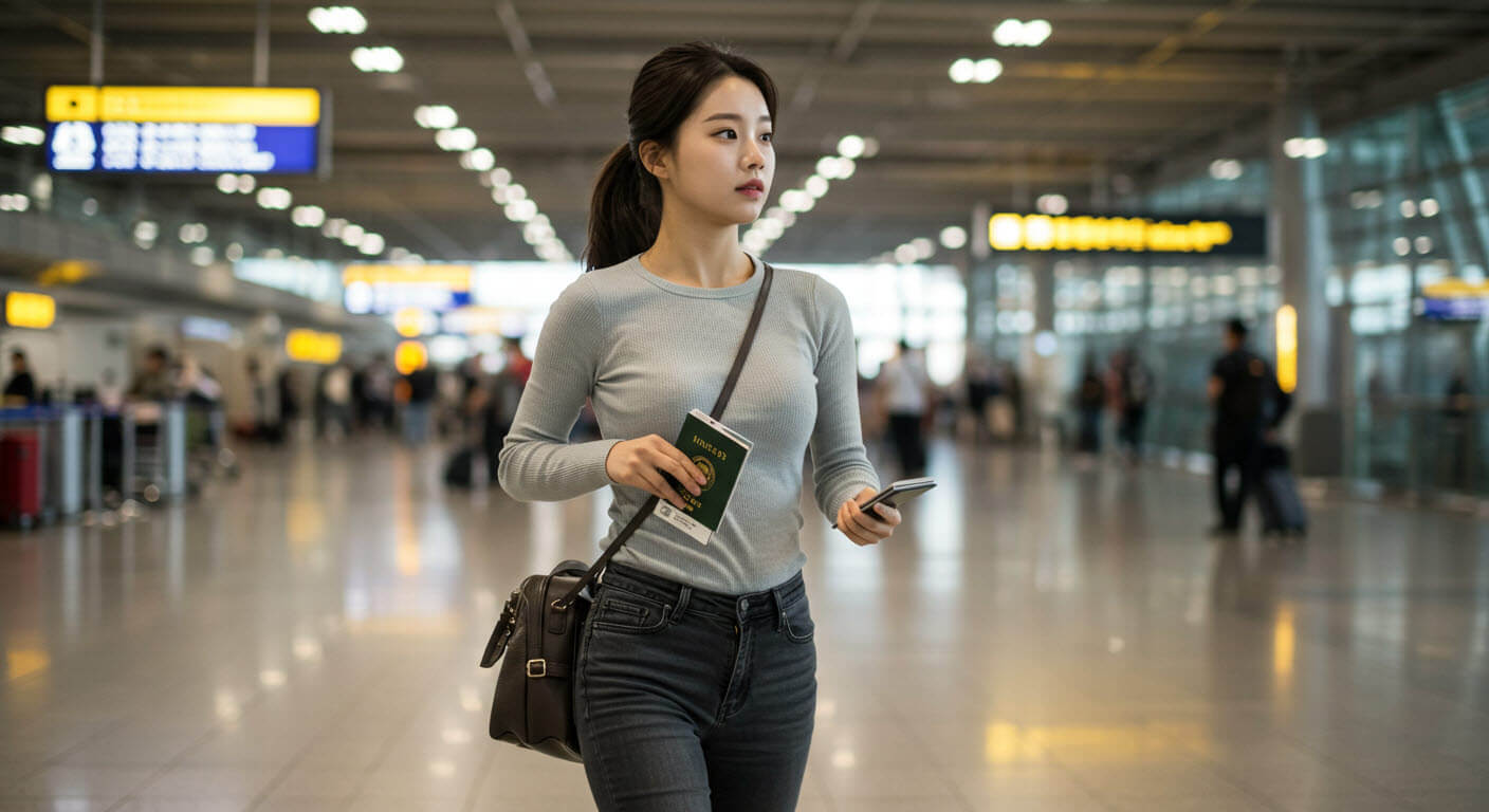 한여성이 공항에서 출국을 하기 위해 걸어가는 모습