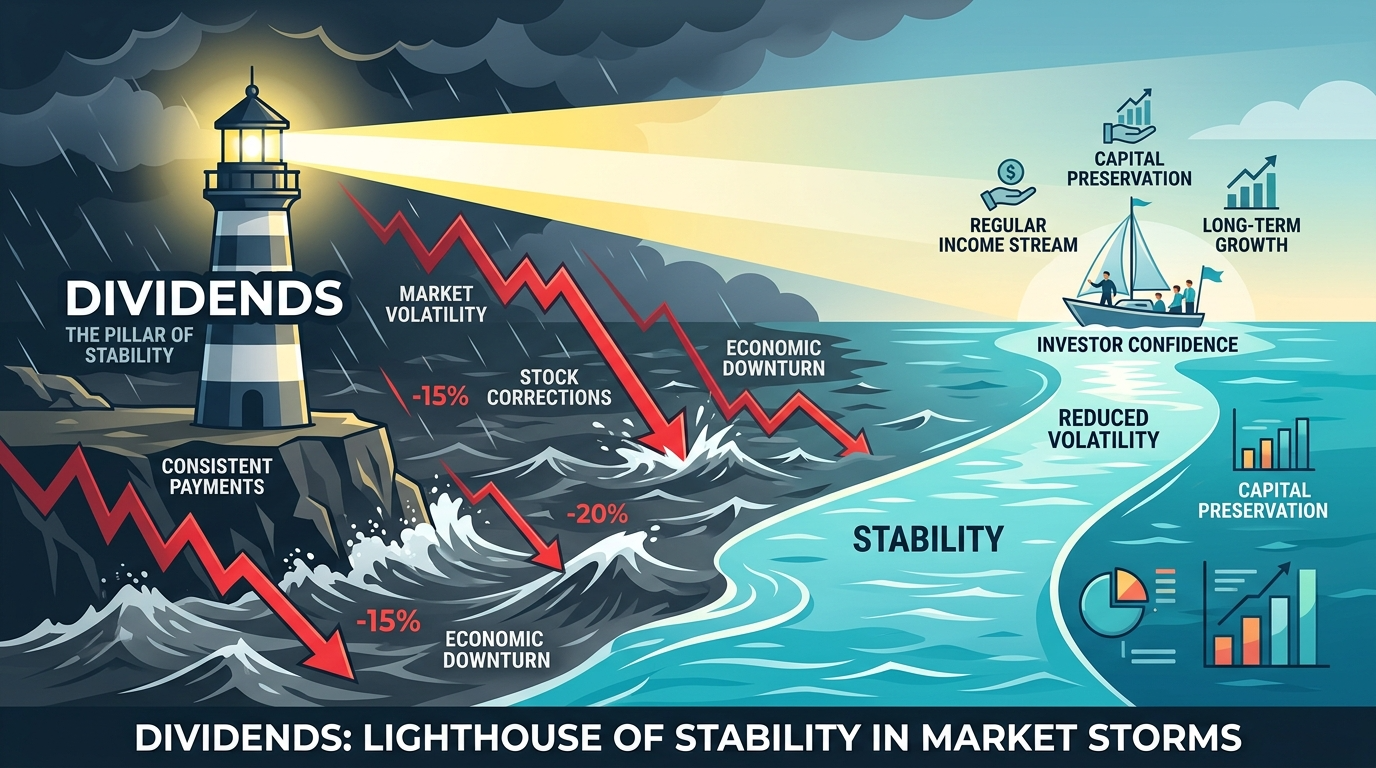 데이터의 바다 위에서 등대(배당주)가 빛을 비추자 거친 파도(변동성)가 잠잠해지는 시각적 그래픽