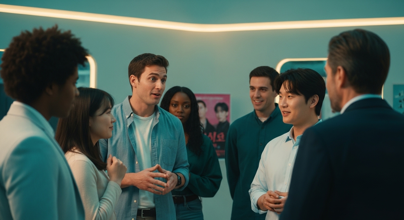 다양한 국적의 사람들이 어울리는 모습 속에서, 미디어와 K-컬처의 영향으로 형성된 '한국인은 냄새가 없다'는 문화적 스테레오타입을 은유적으로 표현한 이미지.