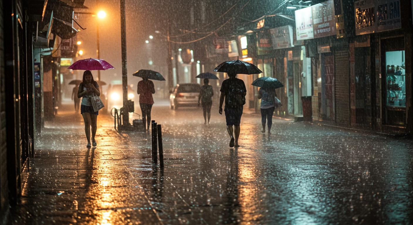 장마속을 걷는 사람들의 모습