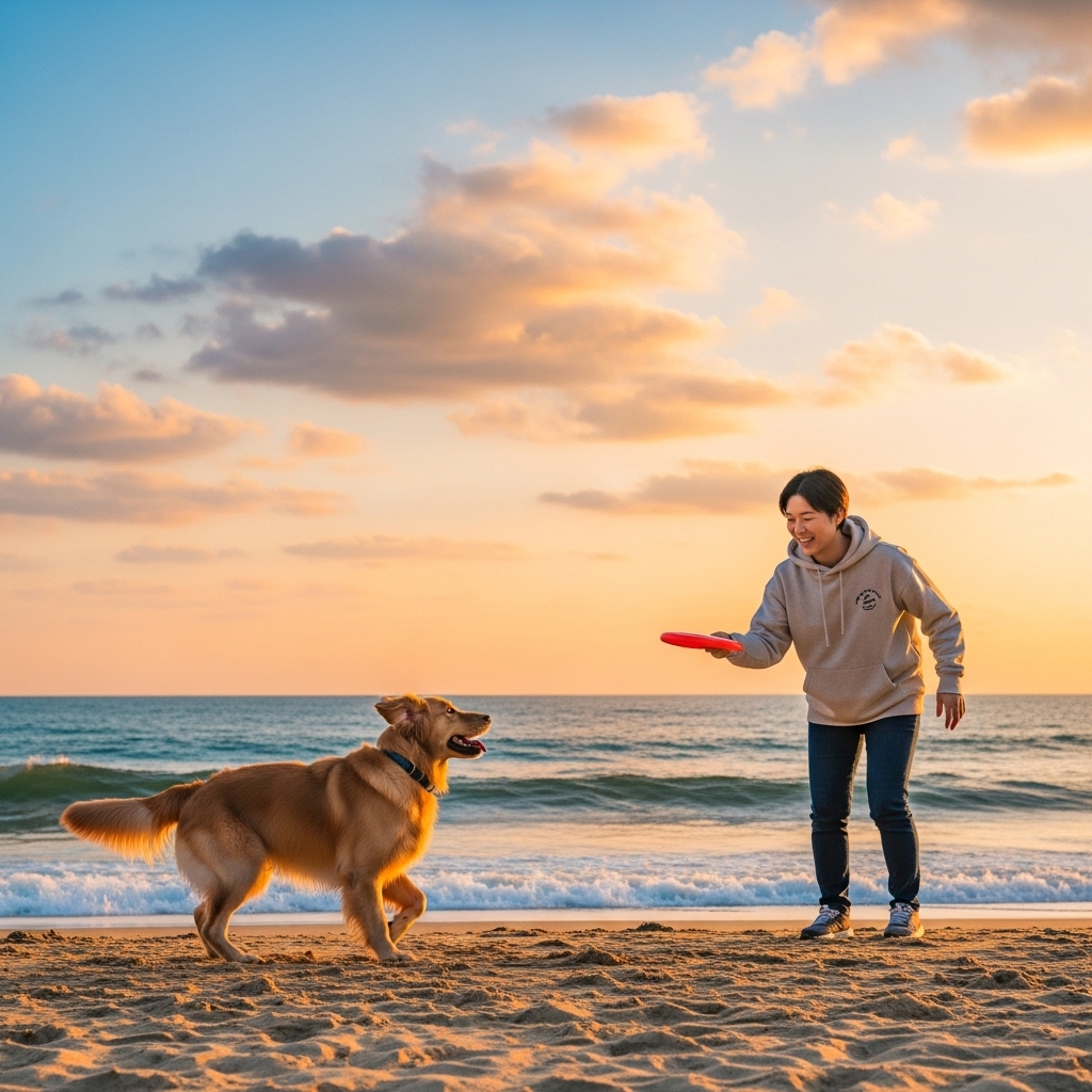 양양 해변에서 행복하게 뛰어노는 골든 리트리버와 주인, 아름다운 노을이 지는 동해 바다 풍경.