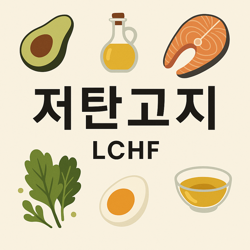 저탄고지 대표 식재료 일러스트와 '저탄고지 LCHF' 한글 영문 타이포