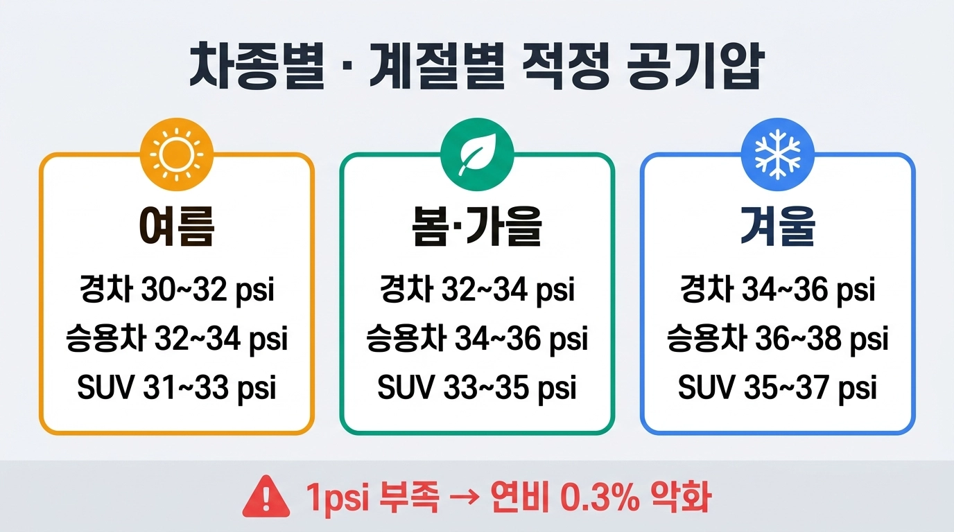 차종별 계절별 타이어 적정 공기압 비교 인포그래픽